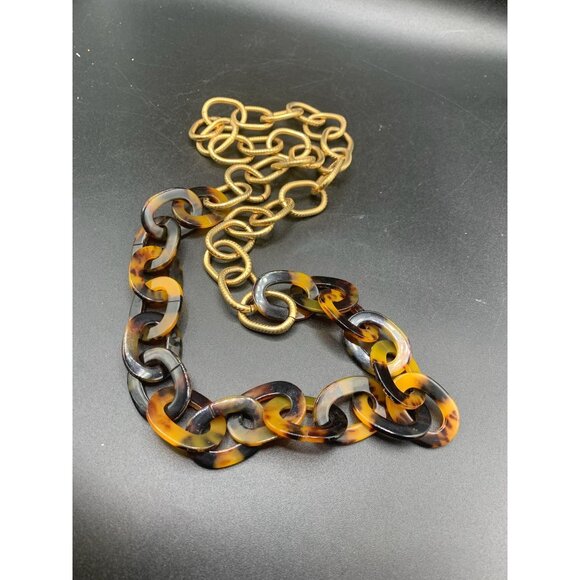 Faux Tortoise Plastic & Textured Metal Chain Necklace Chunky Gold Tone Statement - Picture 4 of 6